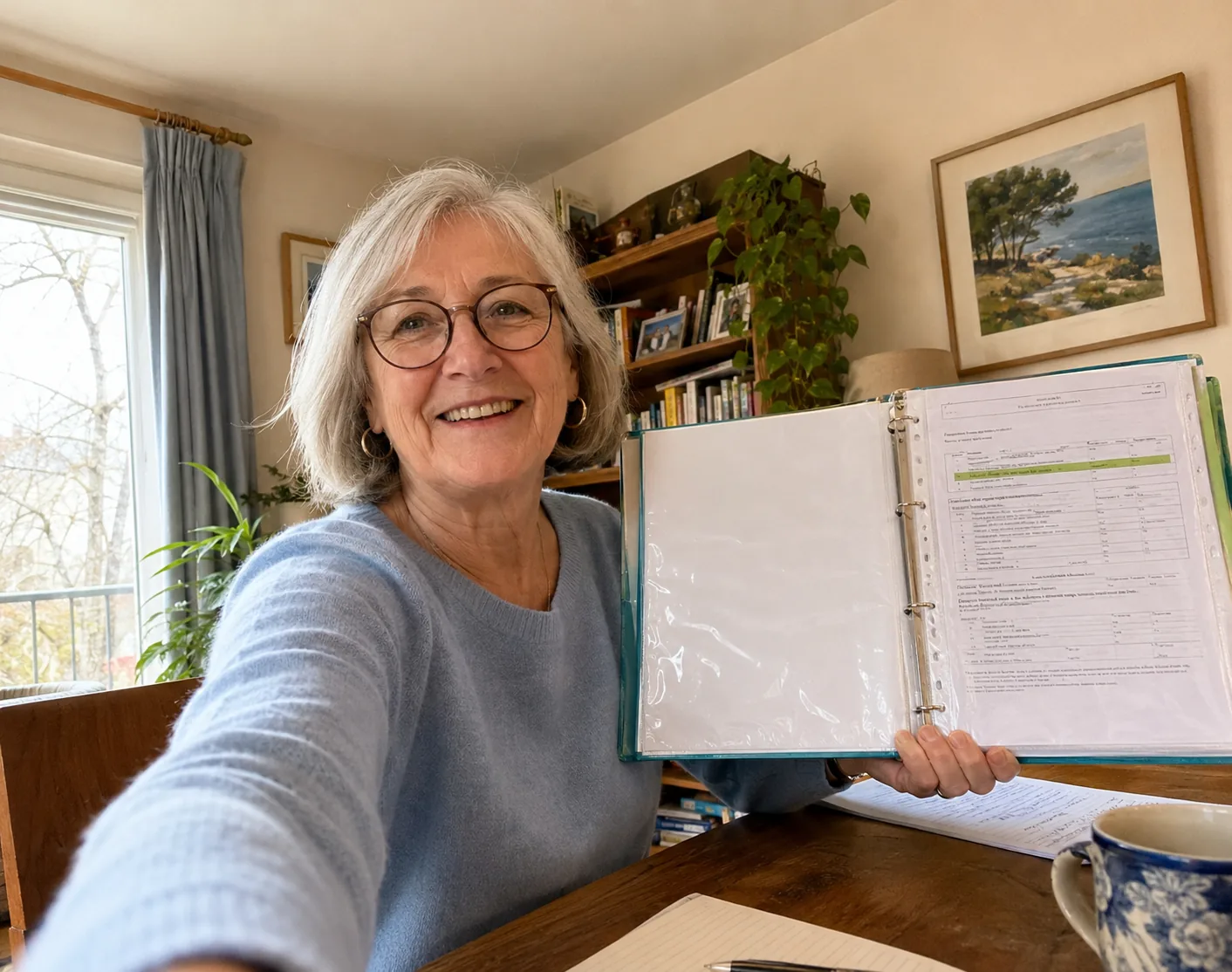 Geneviève P. à sa table avec son dossier ouvert